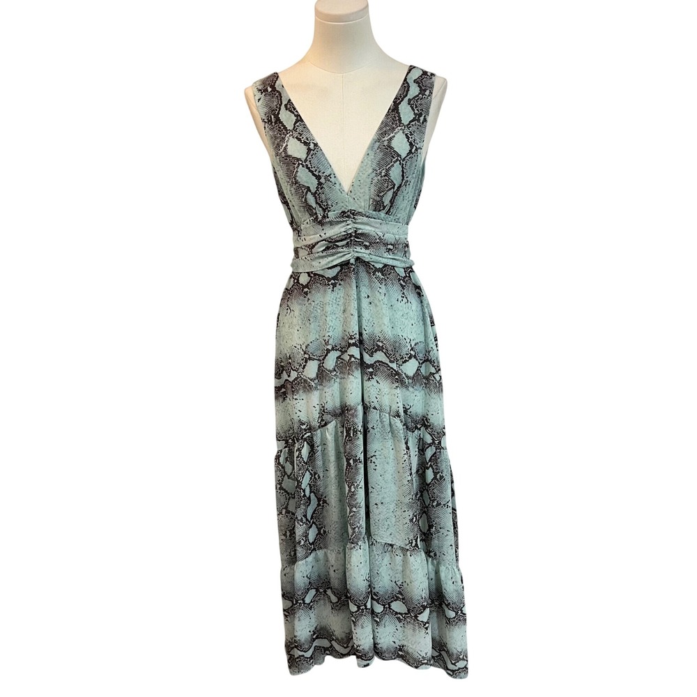 VICI Mint Green Snakeskin Maxi Dress Open Back Plunge V Tiered Small - Picture 2 of 14